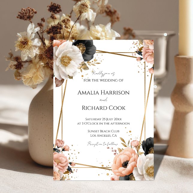 Invitation Black Peach Gold Floral Customizable Wedding  (Créateur téléchargé)