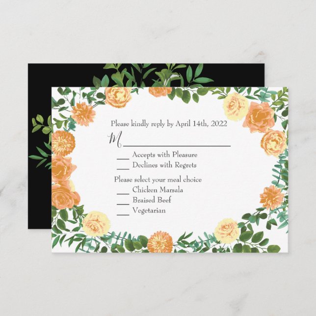 Invitation Black & Peach Mariage Floral moderne (Devant / Derrière)