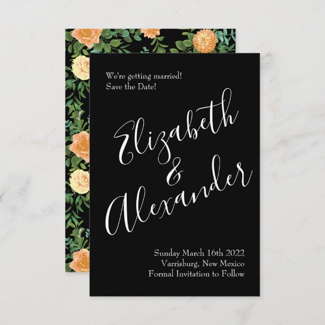 Invitation Black & Peach Mariage Floral moderne (Devant / Derrière)