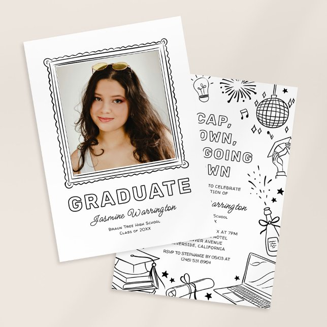 Invitation Black Photo Doodle Graduation Invite Announcement (Créateur téléchargé)