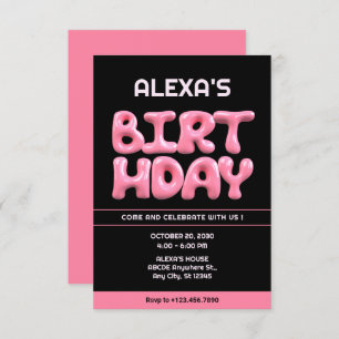 Invitation Black Pink 3d bulle de gomme anniversaire