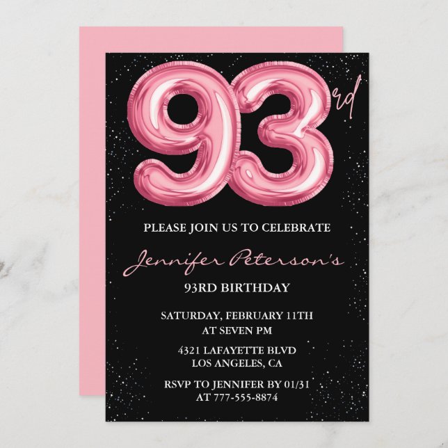 Invitation Black Pink Balloon Glam 93e anniversaire (Devant / Derrière)