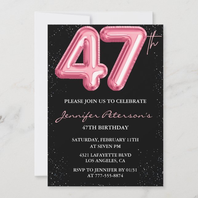 Invitation Black Pink Balloon Glam Parties scintillant 47e an (Devant)
