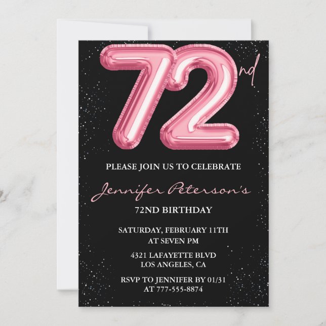 Invitation Black Pink Balloon Glam Parties scintillant 72e an (Devant)