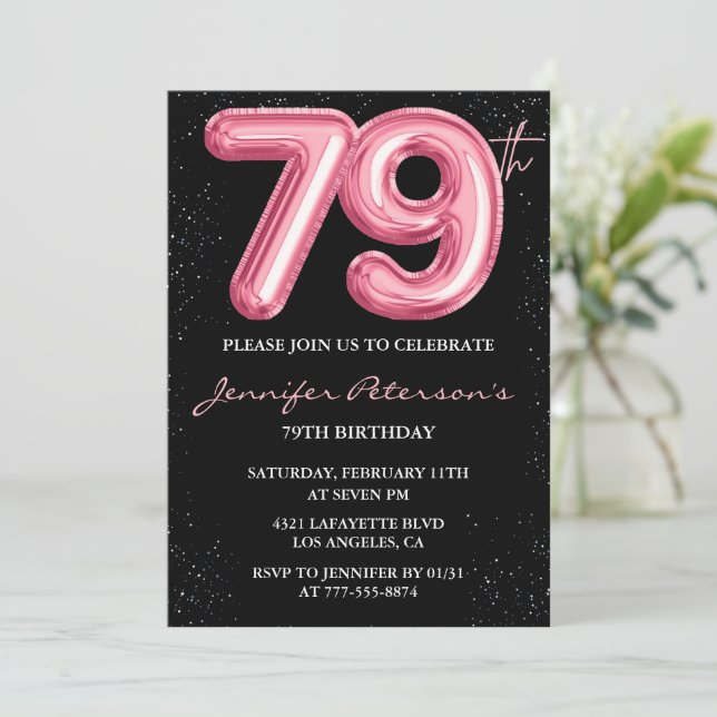 Invitation Black Pink Balloon Glam Parties scintillant 79e an (Debout devant)
