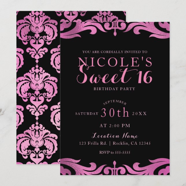 Invitation Black & Pink Damask Chic Élégant Fête Douce 16 (Devant / Derrière)