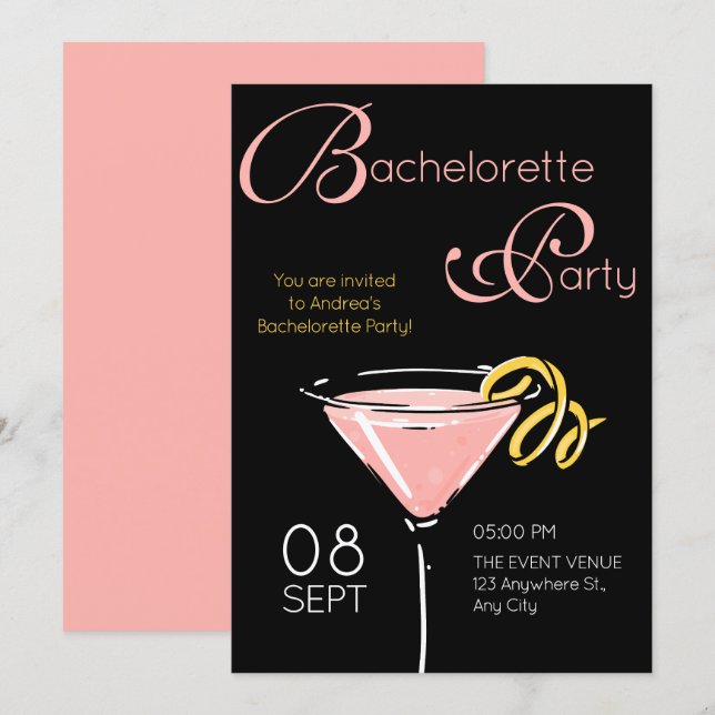 Invitation Black pink fancy cocktail bachelorette (Devant / Derrière)