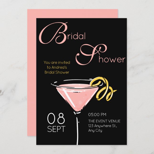Invitation Black pink fancy cocktail bridal shower (Devant / Derrière)
