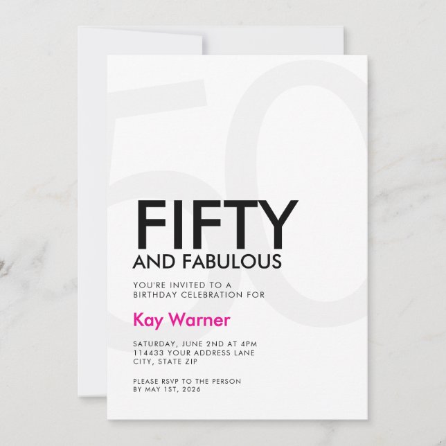 Invitation Black Pink Fifty and Fabulous 50th Birthday (Devant)