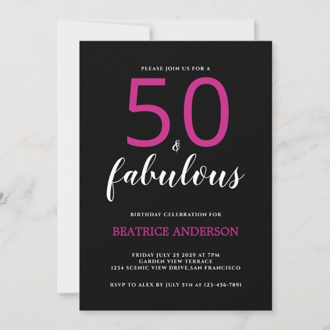 Invitation  Black Pink Fifty and Fabulous Fiftieth Birthday (Devant)
