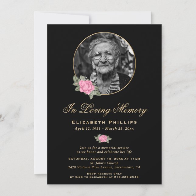 Invitation Black Pink Gold Floral Photo Service Memorial (Devant)