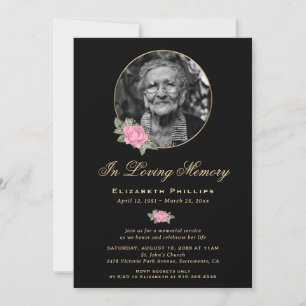 Invitation Black Pink Gold Floral Photo Service Memorial