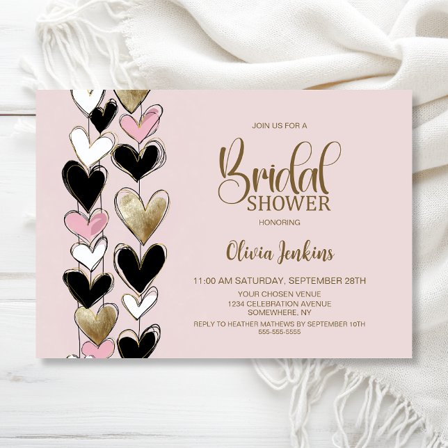 Invitation Black Pink Gold Hearts Bridal Shower (Créateur téléchargé)