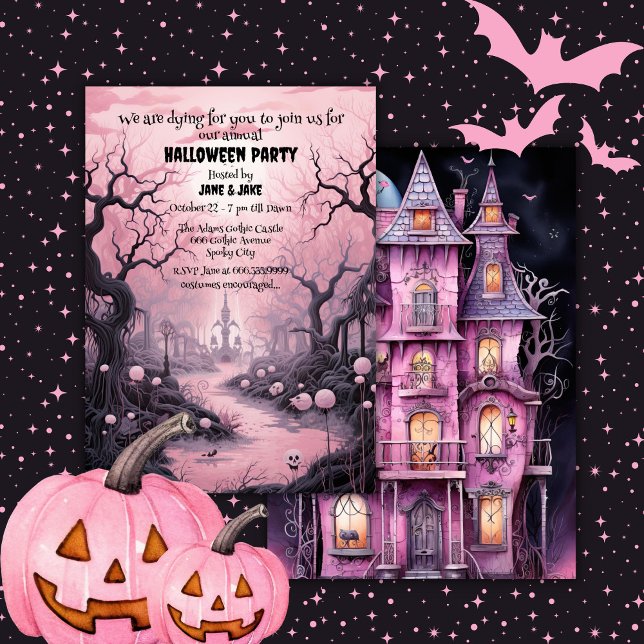 Invitation Black&Pink Pastel Goth Graveyard Halloween Party (Créateur téléchargé)