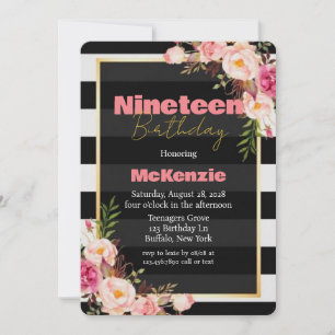 Invitation Black Pink Peony Gold Girl 19e fête d'anniversaire