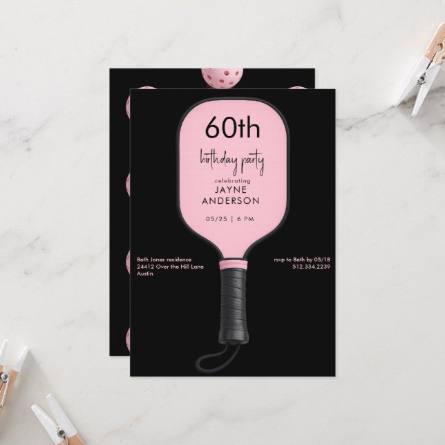 Invitation Black & Pink Pickleball 60th Birthdday Party (Devant/Arrière en situation)