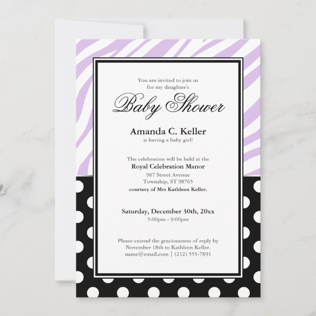 Invitation Black Polka Dot Purple Zebra Baby shower d'impress (Devant)