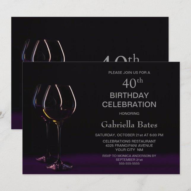 Invitation Black Purple 40e Anniversaire Vin Glass Party (Devant / Derrière)