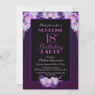 Invitation Black & Purple Floral Surprise 18e fête d'annivers