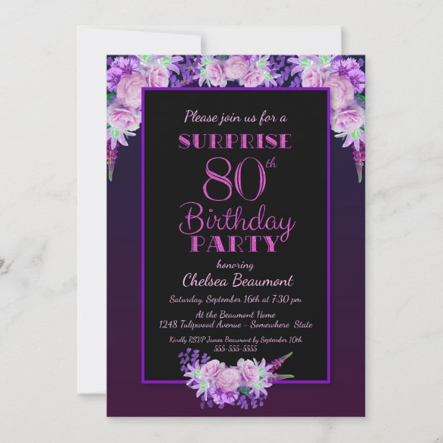 Invitation Black & Purple Floral Surprise 80e fête d'annivers (Devant)