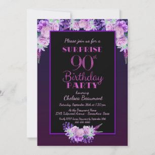 Invitation Black & Purple Floral Surprise 90e fête d'annivers