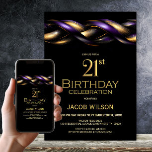 Invitation Black Purple Gold 21e fête d'anniversaire