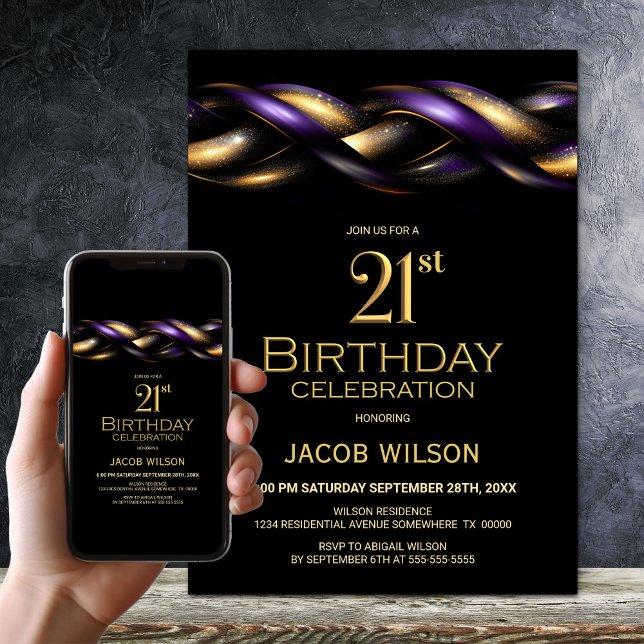 Invitation Black Purple Gold 21e fête d'anniversaire (Créateur téléchargé)