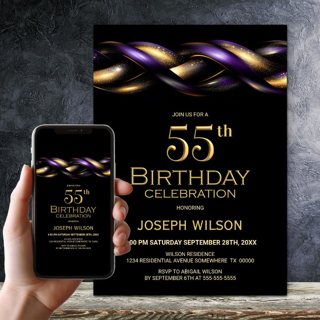 Invitation Black Purple Gold 55e fête d'anniversaire (Créateur téléchargé)