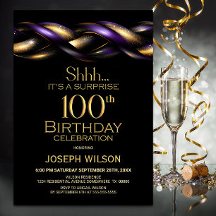 Invitation Black Purple Gold Surprise 100e fête d'anniversair