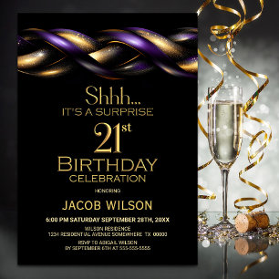 Invitation Black Purple Gold Surprise 21e fête d'anniversaire