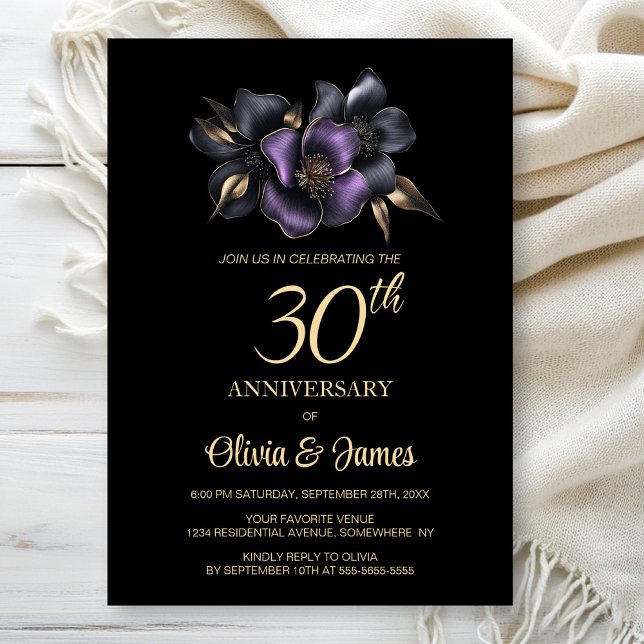 Invitation Black Purple Grey Floral 30e Anniversaire (Créateur téléchargé)