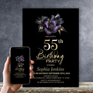 Invitation Black Purple Grey Floral 55e anniversaire fête