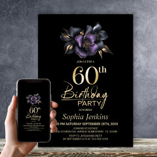 Invitation Black Purple Grey Floral 60e fête d'anniversaire