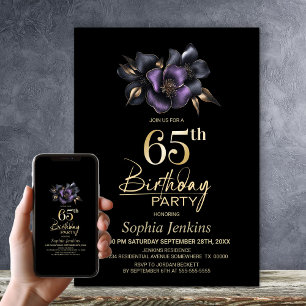 Invitation Black Purple Grey Floral 65e fête anniversaire