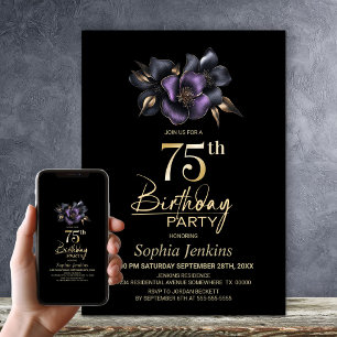 Invitation Black Purple Grey Floral 75e anniversaire