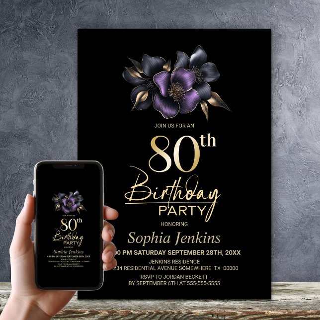 Invitation Black Purple Grey Floral 80e anniversaire fête (Créateur téléchargé)