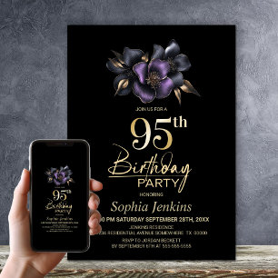 Invitation Black Purple Grey Floral 95e fête d'anniversaire