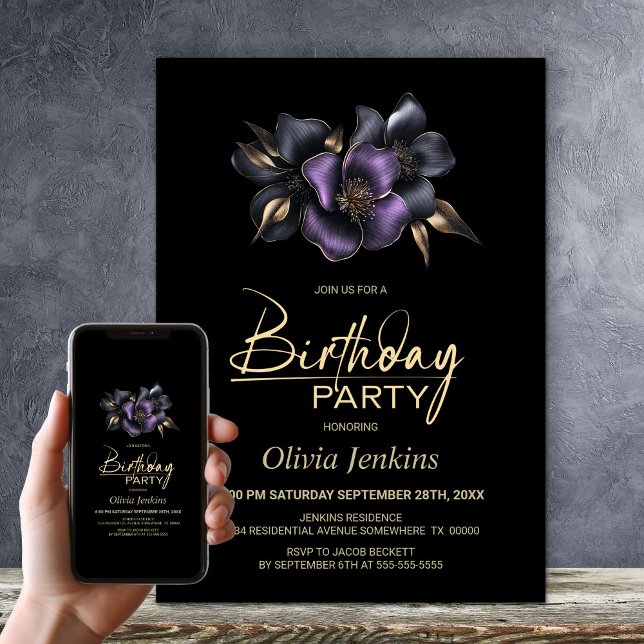 Invitation Black Purple Grey Floral N'importe quel âge fête d (Créateur téléchargé)