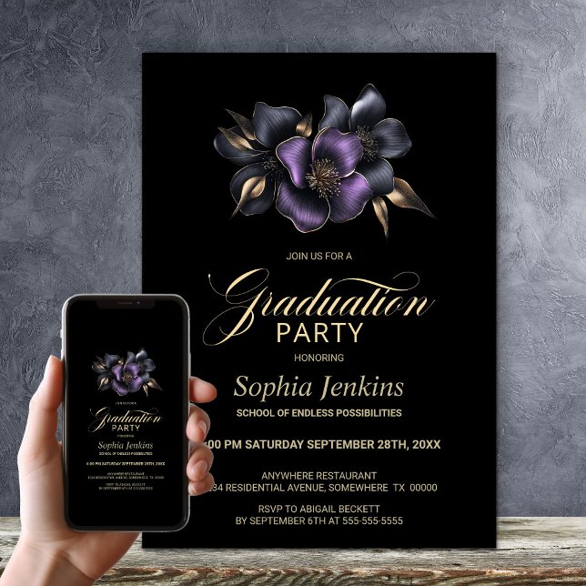 Invitation Black Purple Grey Floral Party (Créateur téléchargé)