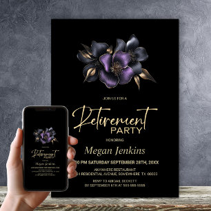 Invitation Black Purple Grey Floral Retraite Party