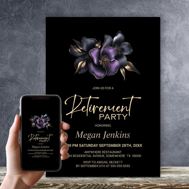 Invitation Black Purple Grey Floral Retraite Party (Créateur téléchargé)