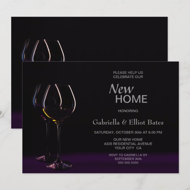 Invitation Black Purple House Wine Glass Party (Devant / Derrière)