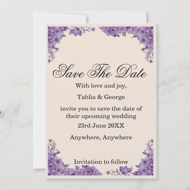 Invitation Black & Purple Jacaranda Flowers Save the Date  (Devant)