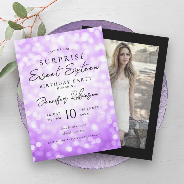 Invitation Black Purple Lights Photo SURPRISE Sweet 16 (Black Purple Lights Photo SURPRISE Sweet 16 Invitation)