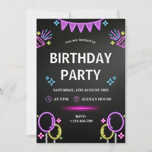 Invitation Black Purple Neon moderne Anniversaire Fête Invita