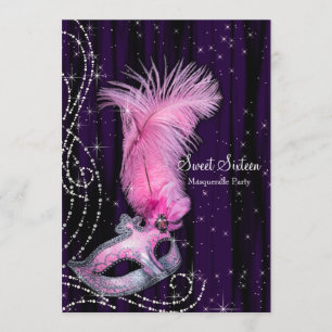 Invitation Black Purple Pink Sweet 16 Masquerade Party