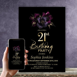 Invitation Black Purple Rose Floral 21ème anniversaire
