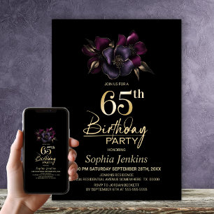 Invitation Black Purple Rose Floral 65e fête d'anniversaire