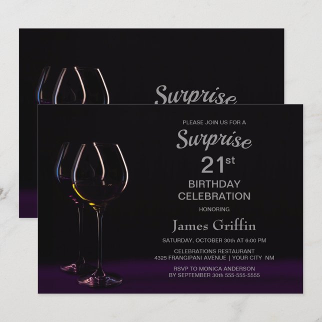 Invitation Black Purple Surprise 21e Anniversaire Verre à vin (Devant / Derrière)