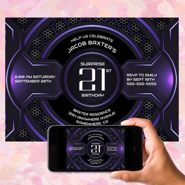 Invitation Black Purple Surprise 21e fête d'anniversaire (Créateur téléchargé)
